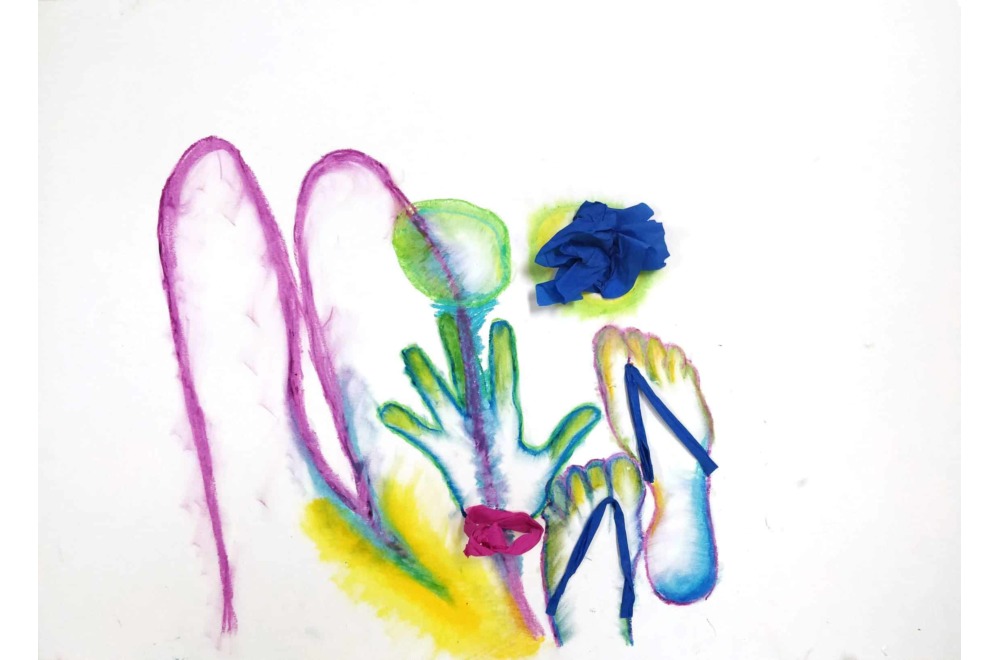 Gouache sur papier, 42 x 29.7 cm Composition colorée avec mains et pieds