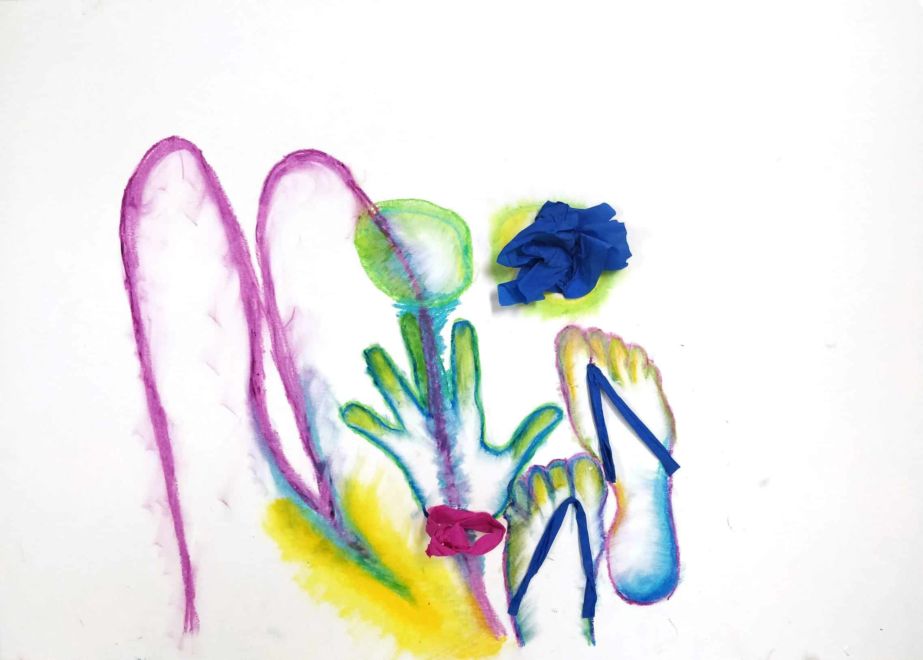 Gouache sur papier, 42 x 29.7 cm Composition colorée avec mains et pieds